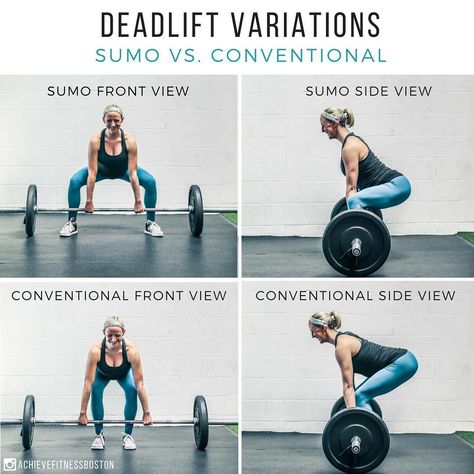 DIFFERENCE BETWEEN SUMO AND CONVENTIONAL DEADLIFTS! Both are excellent deadlift variations, and one isn’t “better” than the other - they both count in competition and qualify as a “deadlift” The sumo stance places your feet further out than conventional, and your arms fit between your knees. Because your feet are out further, it opens up the hips and also reduces the range of motion a bit - which can make it an easier version of deadlifting to learn. Straight Leg Deadlift, Deadlift Form, Deadlift Variations, Yoga Postures, Gym Workout Tips, Yoga Tips, Lower Body Workout, Best Yoga, Powerlifting