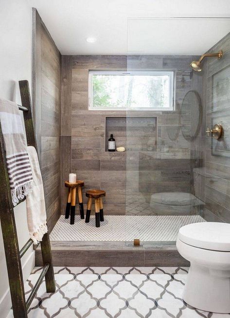 Bold Mosaic Tile Wall With Wood Tile Wall | Expand Your Design Horizons With These Wood Tile Bathroom Ideas | Decoist Wood Tile Shower, Wood Tile Bathroom, Farmhouse Bathroom Remodel, Farmhouse Bathroom Design, Bathroom Vanity Decor, Farmhouse Bathroom Vanity, Casa Country, Decor Baie, Farmhouse Master