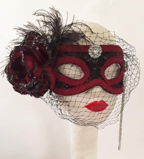 Red Black Masquerade Mask, Ballroom, Steampunk Mask, Handmade, Costume, Accessory Steampunk red and black masquerade mask. This handmade one of a kind mask is made from a paper mache base. Mask has been covered with faux leather look black fabric which is then embellished with black glitter for shimmer. Mask is edged with red gimp around the edges and eyelets. I have applied a large red rose flower which is embellished with black glitter to right side of mask, tucked behind mask you will find sp Masquerade Mask With Veil, Red Masquerade Outfit, Rose Masquerade Mask, Red And Black Masquerade Mask, Red Mask Masquerade, Red Masquerade Mask, Crystal Mask, Black Masquerade, Terror Twins