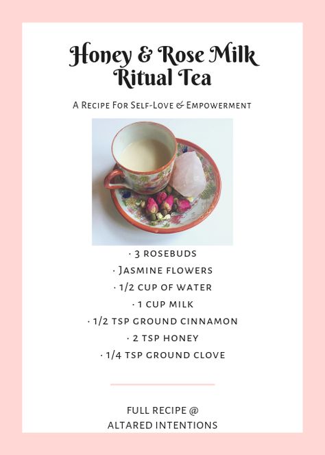 Full recipe and original self-empowerment incantation available now #magick #rituals #tea #recipes #spiritual #meditation Magick Rituals, Tea Blends Recipes, Wicca Recipes, Kitchen Witch Recipes, Tea Remedies, Herbal Teas Recipes, Rose Milk, Honey Rose, Herbal Recipes