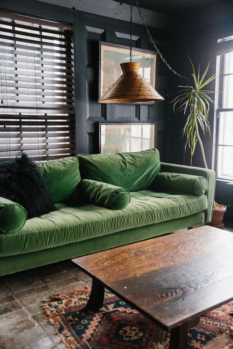 Council Room, Green Couches, Interesting Rooms, Sofa Article, Green Sofa Living, Dc House, Dark Boho Living Room, Green Sofa Living Room, Future Furniture