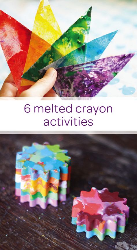 The next time you and your little one sit down for arts and crafts time, make things more interesting by trying out these 6 easy melted crayon activities. Recycle old or broken pieces of crayon by melting them down and turning them into something new. Create a DIY melted crayon pennant banner out of crayon shavings and wax paper. You can even make brand new tie-dyed crayons in fun and creative shapes. Crayon Shavings Crafts, Crafts With Wax Crayons, Shaved Crayon Art, Craft With Crayons, Broken Crayon Crafts For Kids, Recycled Crayon Projects, Recycled Crayons Diy, Crayon Shaving Art, Crayon Melting Art Ideas