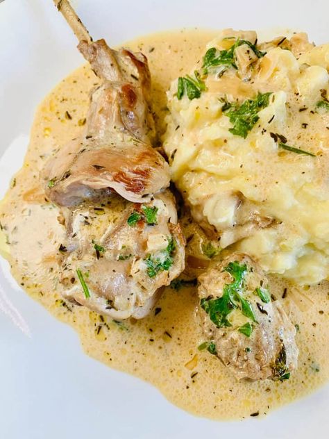 Rabbit in Mustard Sauce (Lapin à la Moutarde) French Rabbit Recipe, Rabbit Legs Recipe, Easy Rabbit Recipe, Braised Rabbit, Hunting Recipes, French Rabbit, Rabbit Recipe, Mustard Sauce Recipe, Rabbit Recipes