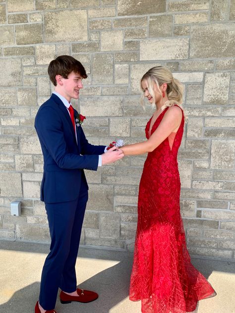 #prom #red #navy #corsage #dress Blue Suit Red Dress Couple, Matching Formal Outfits For Couples Red, Red White And Blue Prom Dress, Red And Blue Prom Couple, Red Dress Navy Suit Couple, Red White And Blue Prom Couple, Navy Suit Red Dress, Navy Blue Suit Prom Couple, Prom Couples Red Dress