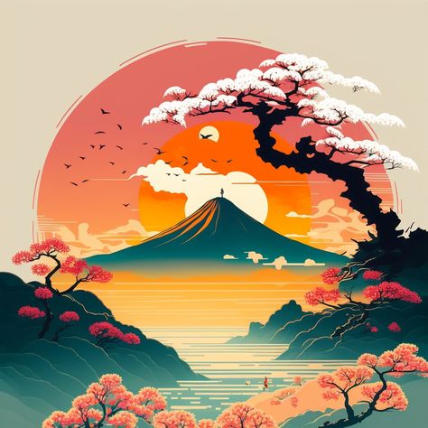 A beautiful digital artwork of Mt Fuji in springtime Japan, with the rising sun and blooming sakura trees. Digital Artwork Landscape, Japan Painting Acrylic, Mt Fuji Painting, Sakura Tree Drawing, Japanese Art Landscape, Sakura Tree Art, Bike Mural, Japanese Mural, Fuji Painting