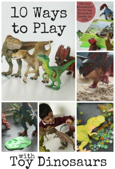 10 ways to play with toy dinosaurs - sensory play ideas, dinosaur games and more. I love these fun ideas! Dinosaur Sensory Activities, Dinosaurs Eyfs, Messy Play Ideas, Dinosaur Sensory, Messy Play Activities, Toy Dinosaurs, Sensory Play Ideas, Dinosaurs Preschool, Dinosaur Play