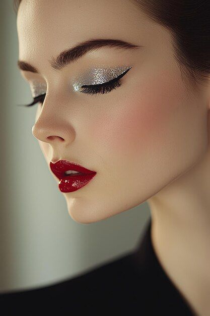 Glitter Red Lips, Red And Silver Makeup Looks, Silver And Red Makeup, Red And Silver Makeup, Gala Makeup, Silver Glitter Eye Makeup, Winter Gala, Womans Face, Sparkle Makeup