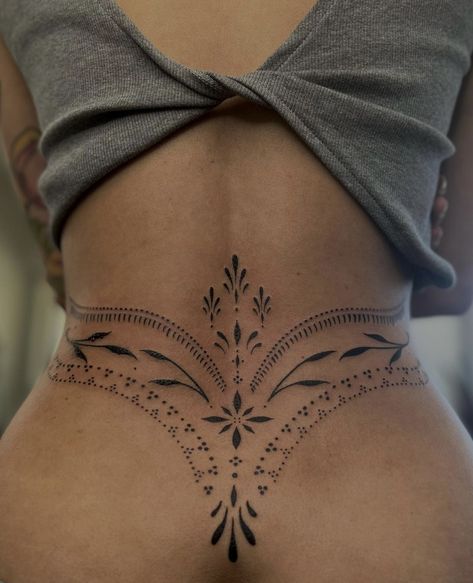 Back To Stomach Tattoos, Stomach And Chest Tattoos, Filipino Hand Tattoo, Feminine Spiritual Tattoos, Under But Tattoo, Flattering Tattoos For Women, Lower Back Mandala Tattoo, Back Waist Tattoo For Women, Neck And Chest Tattoos For Women