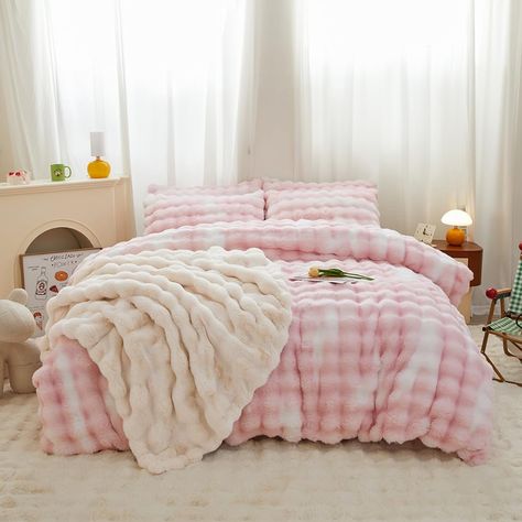 PRICES MAY VARY. Product Size：Comforter*1（90*90 INCH） Standard Pillowcase*2 （20*30 INCH）. Product Materials：The front of the comforter and pillow cases are made of plush, which is beautiful and unique. The back is made of crystal velvet, filled with 222gsm rain cotton, very soft and warm. Product Workmanship：There are many stitches on the comforter to fix the filling, and it will not affect the shape of comforter. PRODUCT SUGGESTION:Since the Comforter is Packaged in a Vacuum Bag, It is Highly R Pink Preppy Bedding, Cute Bed Set Up, Cute Sheet Sets, Bed Comforter Sets Pink, Colorful Bedsheets, Cute Bed Sheets Aesthetic, Pink Bedding Aesthetic, Cute Comforter Sets, Cute Christmas Bedroom Ideas