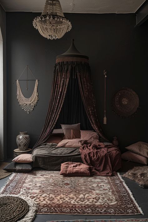 26 Boho Dark Moody Bedroom Inspirations - Quiet Minimal Boho Dark Bedroom, Moody Boho Bedroom, Dark Moody Bedroom, Romantic Bedroom Design, Moody Bedroom Ideas, Opulent Bedroom, Victorian Room, Dark Boho, Big Girl Bedrooms