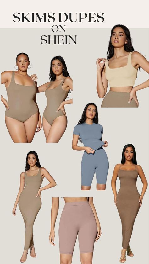 Skims dupes on Shein. Fashion clothes, trendy clothes, minimalist clothes, fashion dress, crop top. outfit inspo spring summer 2022, minimalist outfit Shein Minimalist Outfits, Skim Dressed Outfit, Shein Basic Outfits, Shein Tops Outfit, Shein Outfits Dresses, Shein Tops Summer, Nude Top Outfit, Shein Dress Classy, Basic Outfits Summer