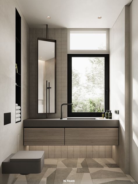 VILLAGGO HOUSE on Behance Bathroom Sink In Front Of Window, Bathroom With Grey Floor, Grey Bathrooms Designs, Wc Design, Team Design, Toilet Design, Bathroom Windows, House Bathroom, Grey Tones