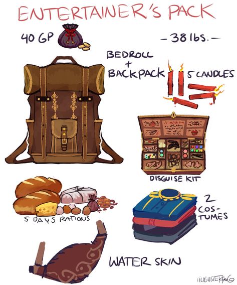 Filibusterfrog on Twitter: "a variety of nice packs #dnd #dungeonsanddragons #art… " Entertainers Pack Dnd, Dnd Entertainers Pack, Dnd Entertainers, Dnd Packs, Dungeons And Dragons Bard, Dnd Bard, Dnd Character Sheet, D D Items, Dnd 5e Homebrew