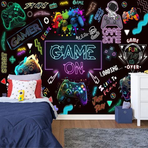 Gaming Room Game Playing Kids Room Decor Gift, Art Print Photomural Wallpaper Mural Easy-Install Removeable Peel and Stick Large Wall Decal Fotowalls tailored wall art products are space transformers - designed to instantly create a feeling or a look, and make your rooms as unique as you are. 📦🌎 FREE WORLDWIDE EXPRESS SHIPPING! 🌎📦 📍📐 All sizes are Width by Height 📐📍 INK ➡  We print using HP EcoLatex ink; GreenGuard Gold status with ultra-low emissions and VSC's, suitable for children's b Sports And Gaming Bedroom, Bedroom Ideas For 8 Year Boy, Gaming Room Paint Ideas, Game Room For Boys, Purple Boys Room, Boys Bedroom Wall Ideas, Boys Video Game Bedroom, Game Room Wallpaper, Kids Gamer Room