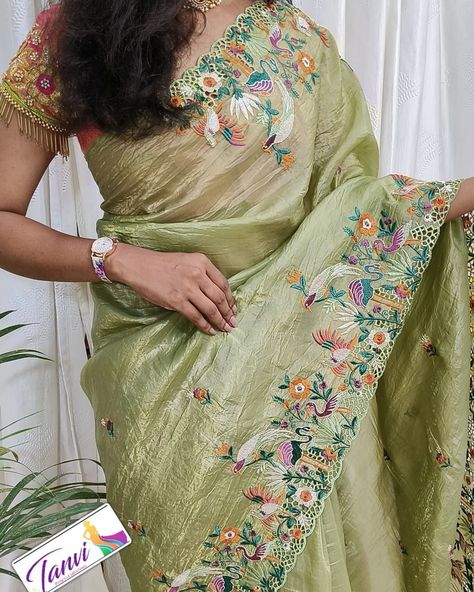 🥳🥳💓💓 *Trending Crush Tissue designer cut-work Sarees...* ❣️ All-over nice embroidery floral butties... 👏👏 *Beautiful cutwork along wt. rich cranes 🦢 🦢 🦆 embroidery design borders added beauty to the saree...*👌👌😍 ❣️ *Matching floral design blouse ..* ❣️ *PRICE 2850+ 🚡* 🌷🌷 *Book fast* 🌷🌷 Design Blouse, Embroidery Floral, Blouse Price, Work Sarees, Cut Work, Floral Embroidery, Blouse Designs, Embroidery Design, Silk Sarees