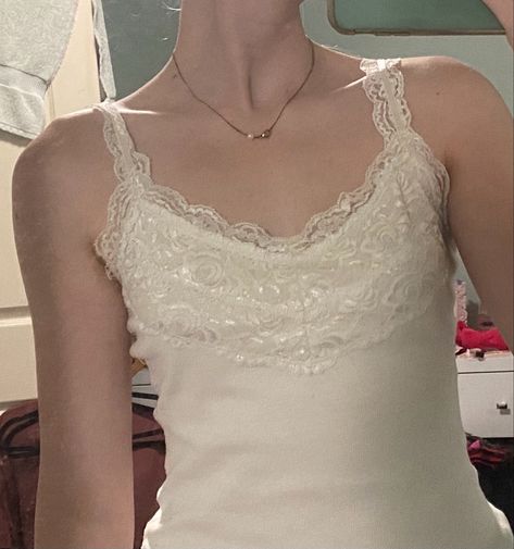 Coquette white lace tank top White Tank Top Coquette, Lace Lined Tank Top, Lacey White Top, Lace Undershirt Tanks, Coquette Lace Top, White Vintage Lace Top, Lacy Undershirt, White Lace Tank Top Outfit, White Tank Top Aesthetic