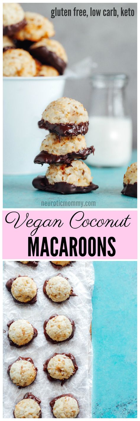 Vegan Coconut Macaroons - Dipped in dark chocolate, these are full of healthy fats and sweetened with monk fruit. A perfect fat bomb for keto. Neuroticmommy.com #vegan #keto #snacks Vegan Passover, Gluten Free Macaroons, Gluten Free Coconut Macaroons, Vegan Cookie, Fat Bomb, Vegan Coconut, Passover Seder, Monk Fruit, Low Calorie Desserts