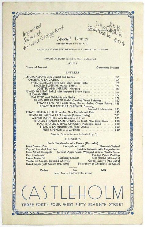 Castleholm Restaurant—specialising in Swedish food, New York (1942) : VintageMenus French Menu Design Vintage, Art Deco Menu Design, Restaurant Postcard, French Restaurant Menu, Swedish Restaurant, Food New York, Roast Rack Of Lamb, Swedish Heritage, Fried Scallops