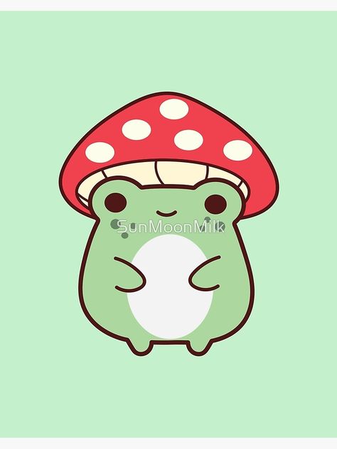 "Cute Mushroom Frog" Art Board Print by SunMoonMilk Cute Frogs Art, Cute Frog And Mushroom Drawing, Mushroom Animals, Frog Under Mushroom Drawing, Cute Frog Mushroom, Frog On Mushroom, Frogs And Mushrooms Art, Frog And Mushroom, Frog Mushroom