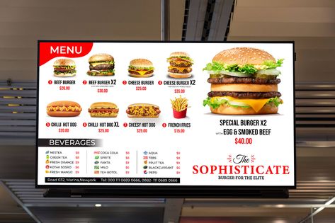 Design static tv screen menu and digital menu board by Akibmd7 | Fiverr Static Tv Screen, Menu Board Restaurant, Menu Board Design, Hotel Menu, Digital Menu Boards, Menu Card Design, Burger Menu, Menu Layout, Food Menu Template