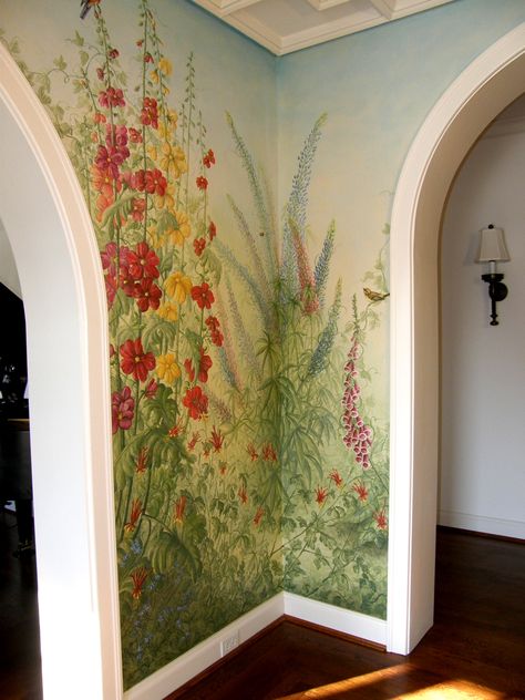 Foyer Custom English Garden Mural Corner by Curtis L. Heuser. Wall Murals Stickers, Wall Paint Mural Ideas, Cottage Core Wall Painting Ideas, Wall Painting Mural Ideas, Corner Wall Mural, Mural Art Ideas, Texture Wall Painting, Bedroom Wall Murals, Painting On A Wall