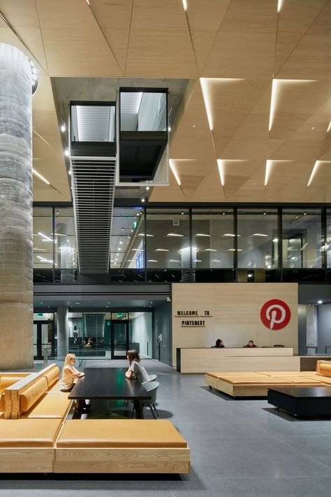 Pinterest Headquarters in San Francisco Pinterest Headquarters, Pinterest Office, Ceiling Pattern, Break Area, Farmhouse Stools, Office Ceiling, Lobby Seating, Office Lobby, Lobby Interior