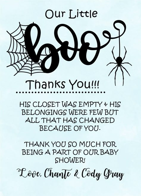 Boys Halloween Baby Shower Thank You Cards — Party Beautifully Halloween Shower Ideas, Baby Dedication Invitation, Spider Graphic, Spooky Font, Holiday Party Kids, Halloween Baby Shower Theme, December Baby, Wishes For Baby Cards, Halloween Birthday Invitations