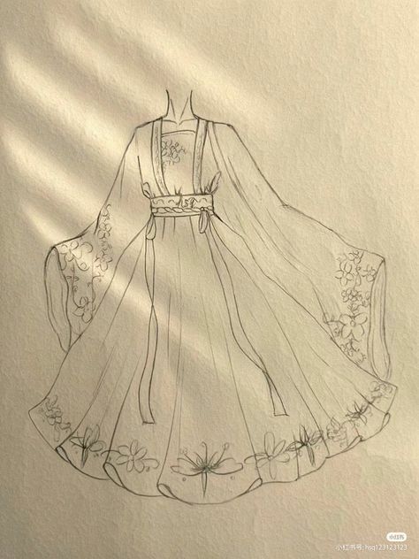 Anatomy Reference With Clothes, Dress Step By Step Drawing, Outfit Drawing Dress, Korean Traditional Dress Drawing, Anime Dress Sketch, How To Draw A Dress Design, Butterfly Dress Sketch, Anime Dress Drawing Sketch, Japanese Clothes Drawing