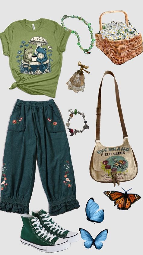 cottagecore outfit💚🌼💮 Lesbian Cottagecore Outfits, Flower Theme Outfit, Cottagecore Clothing Aesthetic, Craftcore Outfit, Y2k Cottagecore Outfits, Cottagecore Beach Outfit, Gardencore Outfit, Summer Outfits Cottagecore, Honeycore Aesthetic Outfits