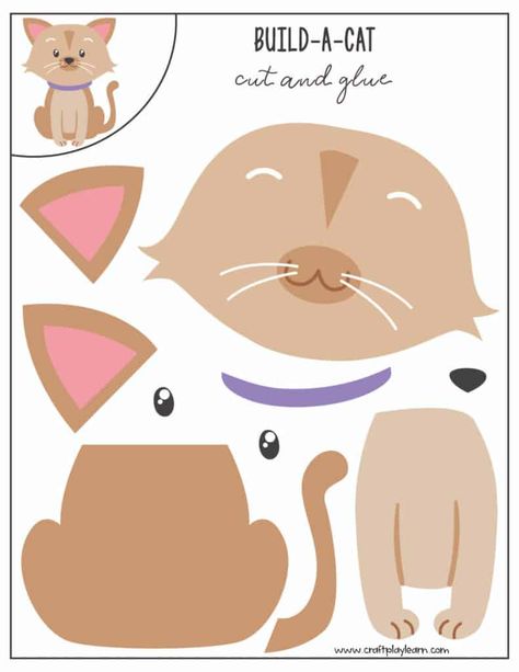 Build A Cat Printable, Cat Activity For Kids, Cat Activities For Kids, Cat Paper Craft, Paper Cat Craft, Cat Activities, Science Demonstrations, Bag Puppet, Paper Craft For Kids