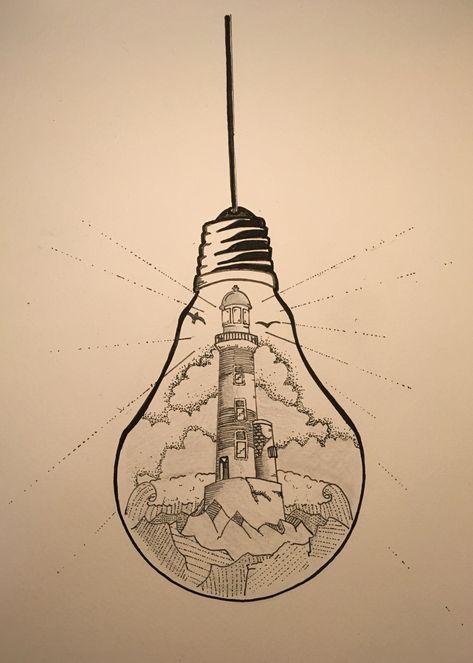 Drawing Of Light Bulb, Drawing Of A Lightbulb, World Inside A Lightbulb Drawing, Drawing Ideas Light Bulb, Inside Outside Art Drawings, Light Bulb Sketch Drawings, Creative Art Ideas Pencil, Drawing Of Lighthouse, How To Draw A Light Bulb