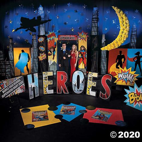 Comic Superhero Party, Comic Theme Party Decorations, Comic Book Decorations, Superhero Reception Ideas, Comic Party Decorations, Superhero Book Fair, Cardboard Superhero, Comic Book Party Decorations, Super Hero Party Decorations