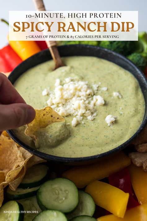 Spicy Cottage Cheese Dip, High Protein Vegetable Dip, High Protein Spinach Artichoke Dip, High Protein Dip Recipes, Protein Dips, Cottage Cheese Ranch Dip, Cheese Ranch Dip, High Protein Dip, Cottage Cheese Ranch