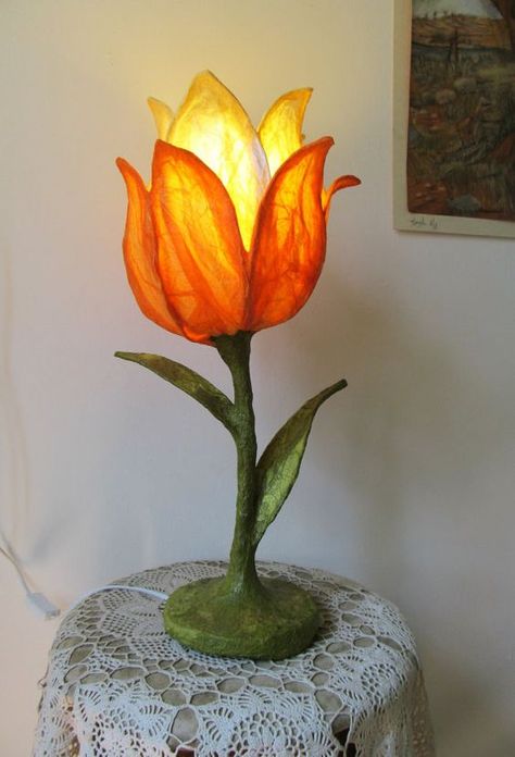 Creative lamp, lamp design, unique lamp, decorating lamp Hellboy Sculpture, Paper Flower Lamp, Paper Table Lamp, Orange Desk, Eco Flowers, Flower Lamp Shade, Designed Paper, Diy Lampe, Creative Lamps