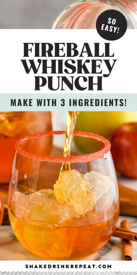 This three-ingredient Fireball Whiskey Punch is a fall staple and the perfect blend of sweet apple and fiery cinnamon flavors. Fireball Drink Recipes, Fall Punches Alcoholic, Fall Mixed Drinks Alcohol Easy, Halloween Fireball Drinks, Game Day Punch Alcohol, Fireball Punch, Fire Ball Drinks Cocktails, Fall Drinks With Vodka, Fireball Cocktail Recipes