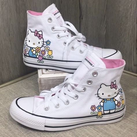 Hello Kitty Converse, Hello Kitty Shoes, All Star Sneakers, Goth Shoes, Kitty Clothes, Converse Style, Embroidered Shoes, Shoe Inspo, Hello Kitty Items