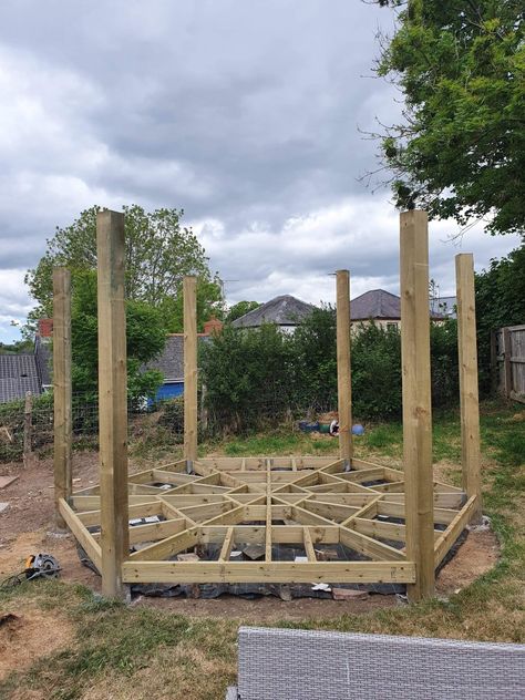 Arbor Ideas Hexagon, Hexagon Gazebo Ideas Backyard, Half Hexagon Pergola, Wooden Hexagon Arch, Hexagon Gazebo, Support Beams, Wood Structure, Garden Bridge, Beams