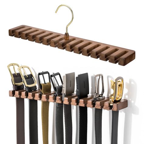 PRICES MAY VARY. Space Saving Belt Hanger - Sleek belt hanger can hold securely up to 14 belts, effecient space-saving solution to organize your belts in your closet. No more mess and eliminate damage to belt shape Hang in Closet & Mount on Wall - 2 installation methods. You can mount the belt rack on wall, door with the included wall anchors which is very secure on the wall to display your belts clearly. And you can just hang it in closet to tidy up your closet Solid Wood Material - Made of stu Belt Organization Ideas, Multiple Belts, Fancy Closet, Rustic Belt, Maximize Closet Space, Closet Wall, Belt Organizer, Belt Rack, Belt Hanger