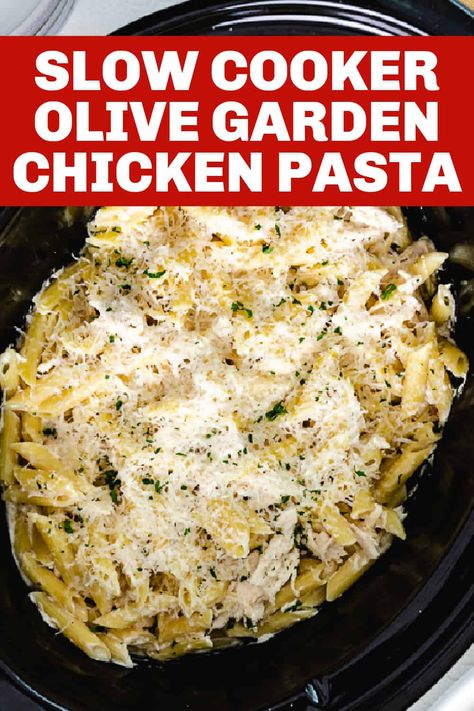 This Slow Cooker Olive Garden Chicken Pasta is a creamy dish that combines tender chicken, penne pasta, parmesan cheese, and Olive Garden dressing to create an irresistible flavor combination. Prepare it in your crockpot for an effortless meal that the whole family will love! Crockpot Food | Crockpot Dishes | Easy Crockpot | Crockpot Pasta Recipes | Pasta in the Crockpot | Crock Pot Pasta | Crockpot Chicken | Slow Cooker Chicken Pasta | Slow Cooker Chicken | Slow Cooker Olive Garden Chicken, Fetuchini Alfredo, Olive Garden Chicken Pasta, Crockpot Chicken Alfredo, Olive Garden Chicken, Slow Cooker Pasta Recipes, Copycat Olive Garden, Crockpot Pasta, Creamy Pasta Dishes