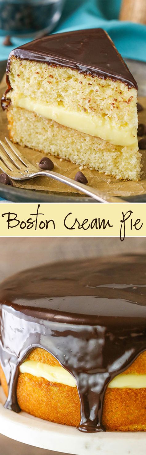 Boston Cream Pie! A classic vanilla cake with pastry cream filling and chocolate ganache! Boston Cream Pie Cake, Boston Cream Pie Recipe, Boston Cream Cake, Pastry Cream Filling, Boston Cream Pie, Cream Pie Recipes, Boston Cream, Gateaux Cake, Pastry Cream