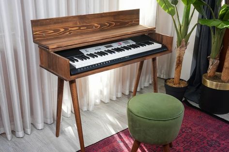 Mid Century Modern Piano Keyboard Stand, Solid Wood Kids Piano Stand, Piano Keyboard Table - Etsy Electric Keyboard Stand, Hidden Keyboard Desk, Wooden Piano Stand, Electric Piano Stand, Keyboard Piano Stand, Modern Piano, Piano Table, Keyboard Table, Piano Stand