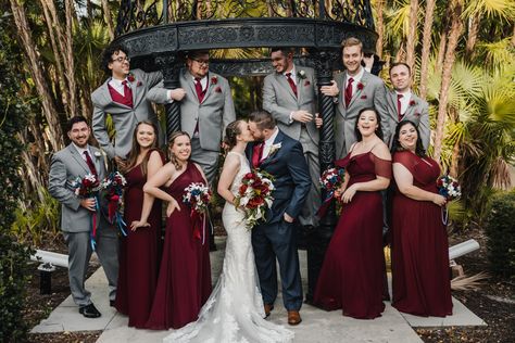 Cabernet And Grey Wedding, Burgundy Wedding Groom Attire, Burgundy Wedding Party Groomsmen, Burgundy Groomsmen Attire Fall Wedding, Wine Red Groomsmen Attire, Maroon And Grey Wedding, Maroon Groomsmen Attire, Fall Wedding Party Colors, Red Groomsmen Attire