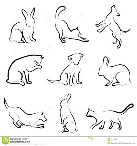 Dog, cat, rabbit animal drawing Pinguin Illustration, Dog Drawing Simple, Tier Tattoo, Animal Outline, Cat Outline, Dog Outline, Tattoo Dog, Petit Tattoo, Rabbit Drawing