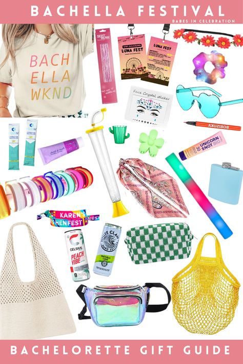 Bachella is the new Coachella! At least when it comes to the bachelorette world! This bachelorette party theme is so fun and creative! Bring the music festival vibes to your bachelorette weekend! Our gift guide has everything you need to create the perfect festival bag for your bridesmaids! Bachella Bachelorette Party, Bachelorette Music Festival Theme, Coachella Theme Bachelorette Party, Festival Bachelorette Party Theme, Coachella Party Favors, Bachelorette Festival Theme, Rave Theme Bachelorette Party, Music Bachelorette Party Theme, Music Festival Bachelorette Party