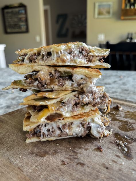 Philly Cheesesteak Quesadilla Philly Cheesesteak Quesadilla, Cheesesteak Quesadilla, Beef Quesadillas, Recipes With Flour Tortillas, Homemade Flour Tortillas, Snack Shop, Tortilla Recipe, Philly Cheesesteak, Homemade Tortillas