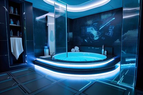 Cyberpunk Bathroom Designs Cyberpunk Bathroom, Futuristic Bathroom Design, Contemporary Bathroom Inspiration, Cyberpunk Interior, Futuristic Bathroom, Futuristic Room, Sunken Bathtub, Futuristic Bedroom, Fantasy Bedroom