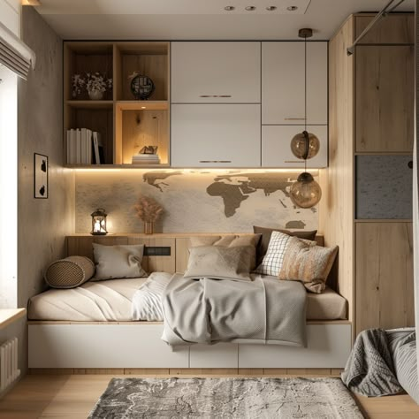 13 Genius Small Bedroom Ideas To Maximize Your Space - DreamyHomeStyle Space Saving Teenage Bedroom, Built In Double Bed Small Room, Small Single Room Ideas, Study Bedroom Ideas Small Spaces, Small Study And Bedroom Combined, Studio Room Design Small Spaces, Tiny Bedroom Ideas Storage, Cozy Bedroom Storage Ideas, Tiny Single Bedroom Ideas