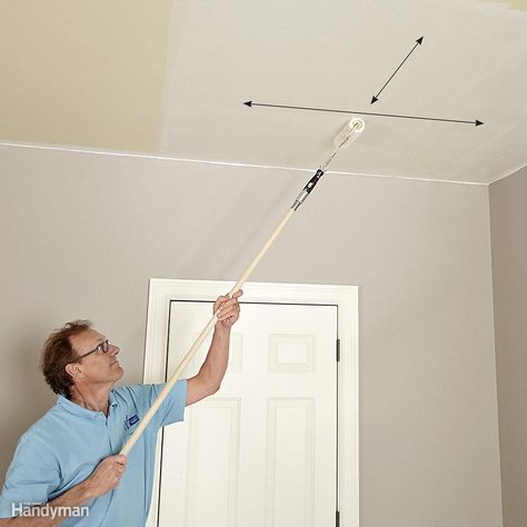 There are a few tricks to getting a smooth, consistent coat of paint on the ceiling. First, work in sections about 5 or 6 ft. square. Move quickly from one section to the next to make sure the paint along the edge doesn't dry before you roll the adjoining section. This is called “keeping a wet edge” and is the key to avoiding lap marks. You'll get the best coverage by immediately rerolling each section at a right angle to your first roller direction as you go. Textured Ceiling Paint, Best Ceiling Paint, Painting The Ceiling, Paint Mistakes, Painting Woodwork, House Painting Tips, Drywall Ceiling, Ceiling Painting, Ceiling Texture