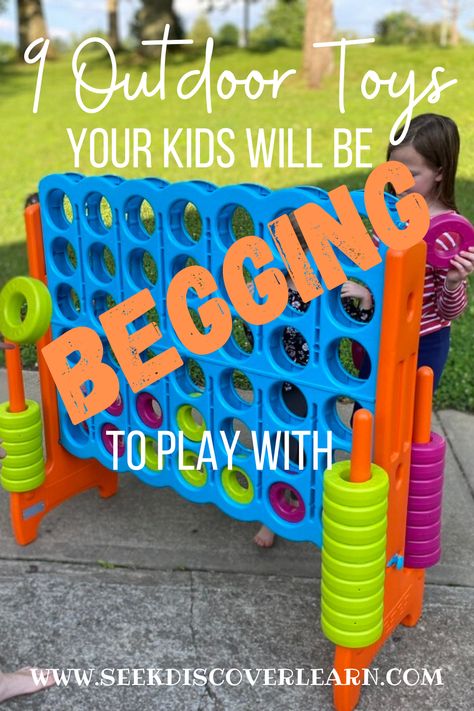 Need your kids to go play outside for awhile? If you have these toys they will be begging to go outside and play. Jumbo connect four, laser tag, saucer swing, geometric climbing dome, etc. I've also included my kids reviews/opinions, so you can see just how great these outdoor toys are. These are the best outdoor toys for kids age 4-12. Preschoolers and elementary age kids will be engaged with these toys for hours of outdoor fun. Enjoy some peace and quiet as you send your kids outside. Outside Toys For Preschoolers, Outside Toys For Kids Backyards, Backyard Toys For Older Kids, Yard Toys For Kids, Outdoor Montessori Toys, Outdoor Toy Ideas, Indoor Toys For Active Kids, Outdoor Play Areas For Older Kids, Playground Toys For School