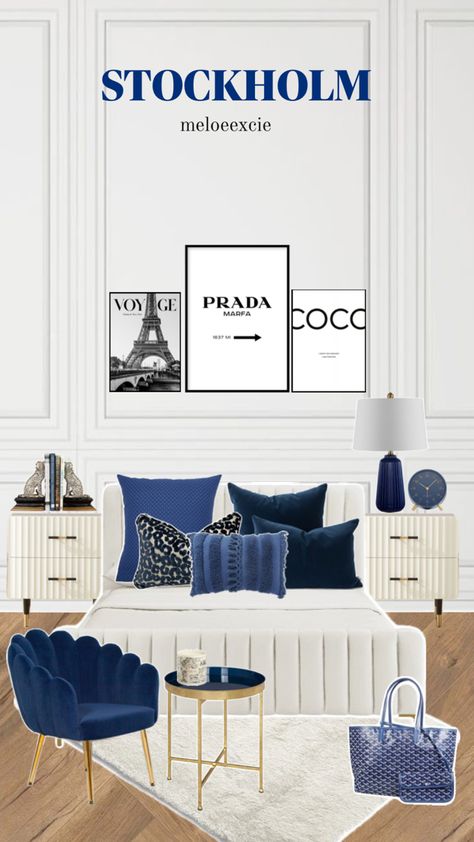 Navy Room Ideas Bedrooms, Room Ideas Aesthetic Navy Blue, Clean Girl Room Aesthetic Navy Blue, City Aesthetic Bedroom, Room With Navy Blue Accents, Navy Room Aesthetic, Room Ideas Navy Blue, Dark Blue Room Decor, Blue Decor Bedroom